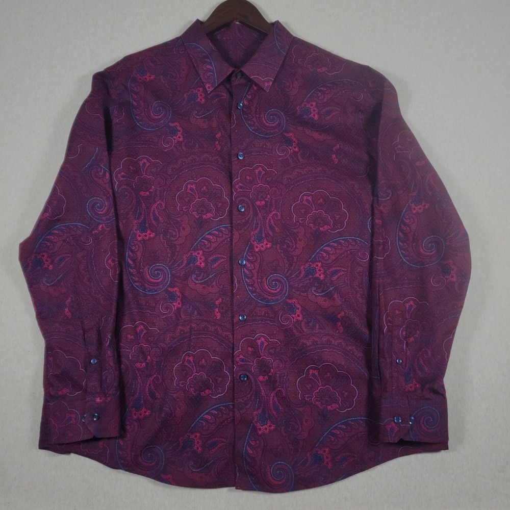 Retro Paisley 70s Boho Button Down Shirt Mens XXL Burgundy Cotton Tasso Elba
